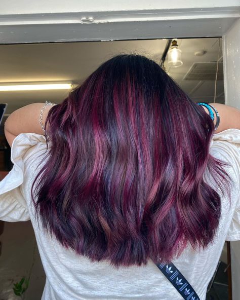 Ganese Marie Vera on Instagram: “Pluming it 😈🍒 #plumhair #purplehair #purpleshades” Plum Hair Highlights, Trending Highlights, Orchid Hair Color, Hair Color Designs, Plum Hair Color Ideas, Eggplant Colored Hair, Plum Hair Dye, Plum Hair Color, Hair Color Ideas Trending