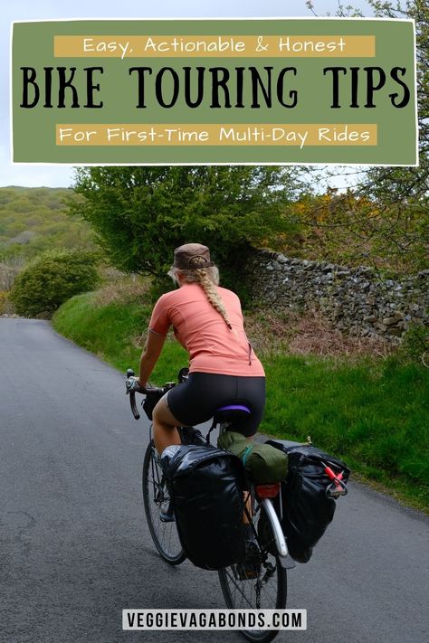 Bicycle touring tips pin, with a girl cycling through the Lake District National Park Bike Touring Packing, Bike Touring Gear, Biking Tips, Runway Aesthetic, Cycle Touring, Electric Cycle, E Bikes, Mt Bike, Bicycle Camping