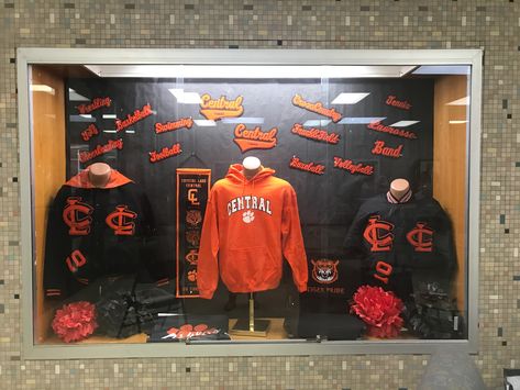 Central Trophy Case Ideas, Spirit Store Ideas School, School Trophy Case Ideas, School Spirit Display Case Ideas, Display Case Ideas For School, Sports Window Display, School Spirit T-shirt For Sports Events With Screen Print, School Display Case, Childcare Facility