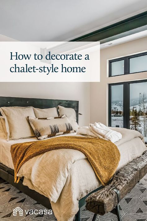 A sophisticated bedroom. Headline: How to decorate a chalet-style home - Vacasa Ski Bedroom Decor, Mountain Condo Decor, Ski Homes Interior, Ski House Bedroom, Ski Cabin Interior, Cozy Cabin Interior, Ski Chalet Decor, Ski Chalet Interior, Ski Cabin Decor