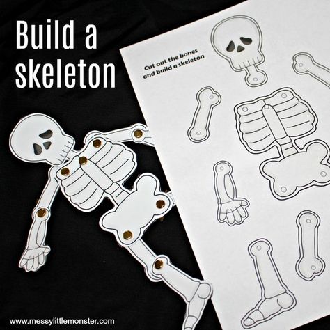 build a human skeleton activity for kids using skeleton parts Human Skeleton For Kids, Skeleton For Kids, Skeleton Craft, Skeleton Parts, Human Body Activities, Human Skeleton, Halloween Preschool, Science Projects For Kids, Halloween Crafts For Kids