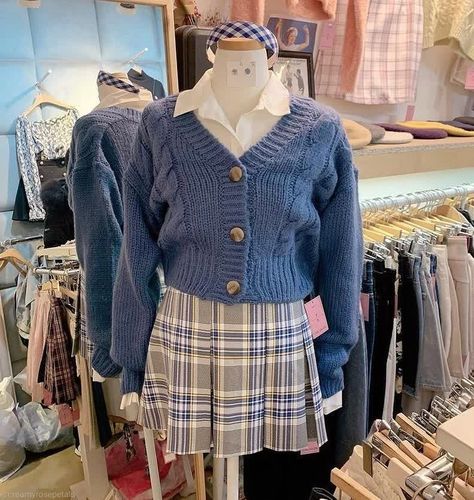 Fitted Cardigan Outfit, Blue Academia, Vj Collection, Dainty Fashion, Cardigan Outfit, Swag Girl Style, Fitted Cardigan, Dope Fashion, Love Love Love