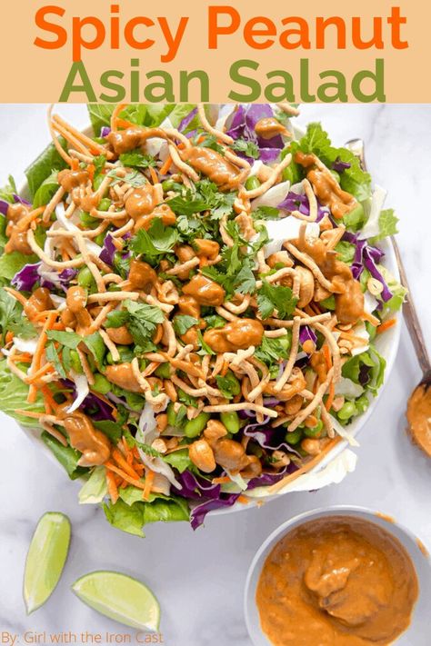 This Asian Salad with homemade spicy peanut dressing is deliciously addicting! Perfect for lunch or dinner. #salad #saladdressing #peanutsauce #peanutdressing #spicypeanut #asiansalad #saladrecipe Nanas Recipes, Peanut Salad Dressing, Peanut Butter Salad, Spicy Peanut Dressing, Crispy Chow Mein Noodles, Thai Peanut Salad, Asian Salad Recipe, Asian Salad Dressing, College Recipes