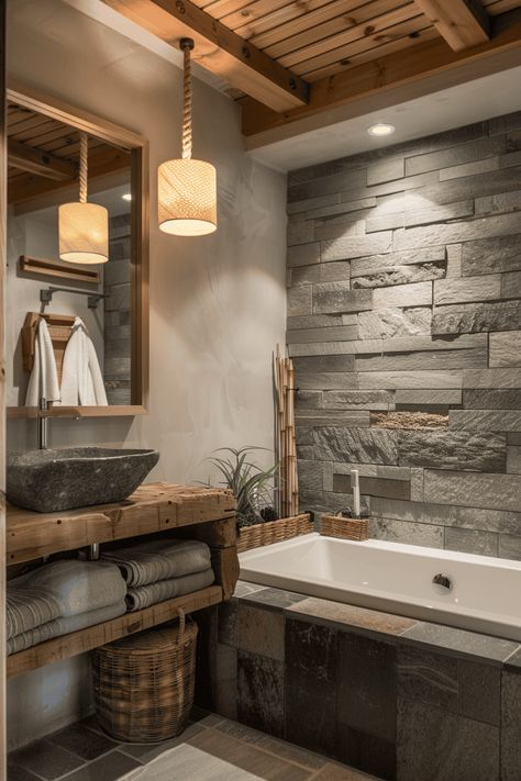 zen inspired moody bathroom Woodsy Bathroom Ideas Rustic, Modern Mountain Home Bathroom, Moody Bathroom Tile, Bathroom Tile Shower Ideas, Modern Cabin Bathroom, Bathroom Moodboard, Modern Farmhouse Bathroom Ideas, Vintage Bathroom Ideas, Moody Bathroom