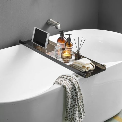 PRICES MAY VARY. SUITABLE FOR MOST BATHTUB TYPES - This bathtub caddy tray is 31.5'' in length,which fits in almost all standard bathtubs on the market. BEAUTIFUL LOOK - Water-resistant Acrylic that wipes down easily with a damp cloth. This Acrylic bathtub tray makes everything look beautiful and better organized. It will match almost any decor and will go perfectly with your other bathtub accessories. STURDY, SAFE AND BUILT TO LAST - This unique bathtub caddy is made of the highest quality Acry Soaking Tub Decor, Tub Decor Master Bath, Bathtub Shelf, Tub Remodel, Bathroom Caddy, Bathtub Caddy, Bathtub Decor, Bathtub Tray, Tub Ideas