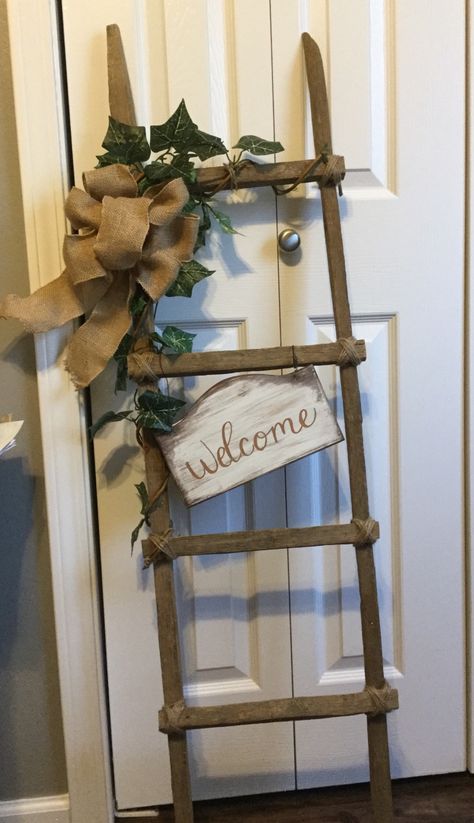 How To Make A Wooden Ladder, Diy Wooden Ladder Decor, Indoor Ladder Decor Ideas, Fall Ladder Decor, Outside Ladder Decor, How To Style Blanket Ladder, Ladders For Decoration Farmhouse Decor, Outdoor Ladder Decor, Wooden Ladders Ideas Decor