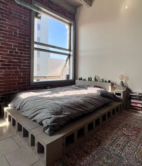 Modern Rustic Bedroom, Small Room Interior, Modern Rustic Bedrooms, Mens Bedroom Decor, Brick Decor, Bedroom Cozy, Bed Frame Design, Small Apartment Design, Trends For 2024