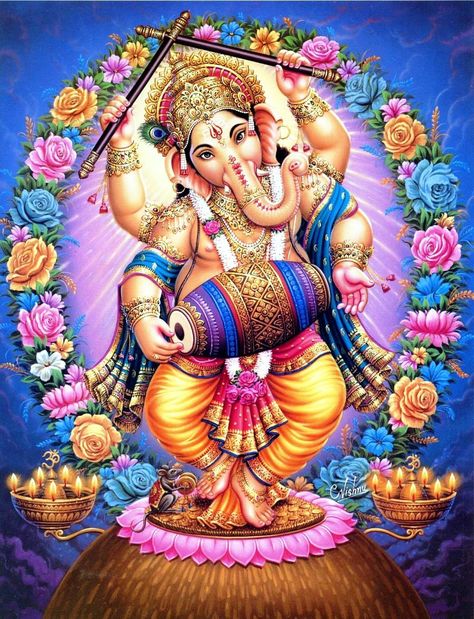 Lord Ganesha Dancing Artist: C.Vishnu (via Etsy: EasternImage) Arte Ganesha, Hindu Cosmos, Hindu Worship, Dancing Ganesha, Ganesh Lord, Ganesh Wallpaper, Ganesh Photo, Hindu Statues, Happy Ganesh