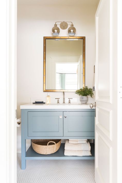 Cove Remodel - Studio McGee Cove Remodel Studio Mcgee, The Mcgee Home, Mcgee Home, Blue Bathroom Vanity, Powder Bathroom, Teal Bathroom, Blue Vanity, Barn Interior, Bath Tiles