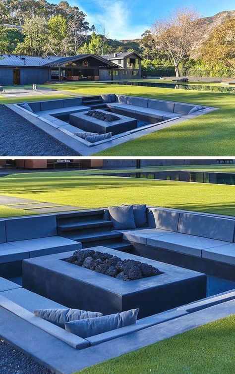 Modern Backyard Design, Design Per Patio, Sunken Fire Pits, Backyard Seating, Small Courtyards, Backyard Entertaining, Fire Pit Designs, Modern Backyard, Backyard Inspiration