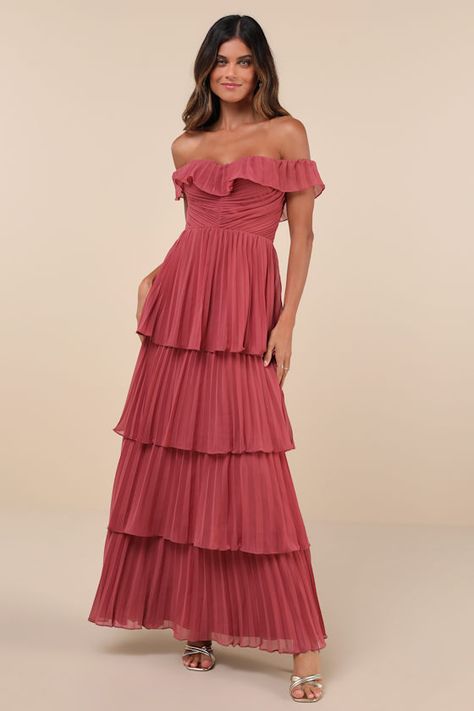 With the Lulus Always Remarkable Rusty Rose Pleated Off-the-Shoulder Maxi Dress, it's inevitable that compliments will follow you all night long! Airy, pleated woven chiffon shapes a lightly gathered bodice with hidden no-slip strips and a sweetheart-style neckline adorned with ruffled trim that flows into fluttery, off-the-shoulder straps (with elastic at the shoulders). The high, fitted waist tops a tiered, A-line skirt that cascades down to a sweeping maxi hem. Hidden back zipper/clasp. Fit: Rusty Rose, Pleated Gown, Gathered Bodice, Dresses Quinceanera, Bridal Party Dresses, Pleated Maxi Dress, Follow You, Quinceanera Dresses, Long Dresses