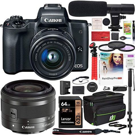 Amazon.com : Canon EOS M50 Mirrorless Camera with 4K Video and EF-M 15-45mm Lens Kit (Black) and Deco Gear Deluxe Travel Gadget Bag Case + Microphone + Monopod + Filter Set + 64GB Memory Card Accessory Kit Bundle : Camera & Photo Canon Camera Tips, Canon M50, Canon Eos M50, Dslr Photography Tips, Court Reporting, Camera Frame, Canon Digital Camera, Dslr Photography, Travel Gadgets