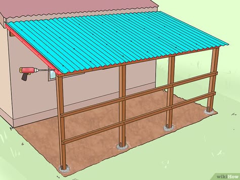 6 Ways to Add a Lean To Onto a Shed - wikiHow Lean To Roof, Lean To Shed Plans, Wood Shed Plans, Diy Storage Shed, Build Your Own Shed, Lean To, Lean To Shed, Shed Building, Shed Building Plans