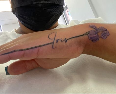 Tattoo Ideas Iris Flower, Iris Name Tattoo, Iris Song Tattoo, Iris Flowers Tattoo, Iris Flower Tattoos, Irises Tattoo, Iris Tattoo Design, Name Flower Tattoo, Big Tattoos