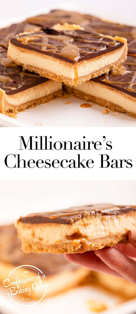 This millionaire's cheesecake bar recipe is the perfect party dessert. A shortbread cookie base is topped with a caramel cheesecake layer and topped with a chocolate ganache and more caramel. Step-by-step photos teach you how to bake these cheesecake bars. Millionaires Cheesecake Bars, Millionaire Shortbread Cheesecake, Millionaires Cheesecake Recipes, Millionaire Cheesecake Recipe, Salted Caramel Cheesecake Bars, Mini Millionaire Cheesecake, Cheesecake With Shortbread Crust, Millionaire Cheesecake, Cheesecake Bars Recipes