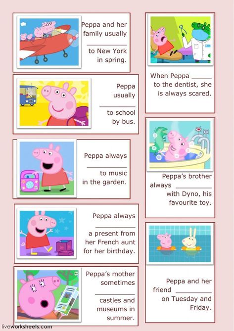 Learn YourVerbs With Peppa Pig - Cloze Peppa Pig Worksheet, Present Simple Worksheet, English Preschool, Princess Lessons, Action Verbs, English Reading, French Books, Simple Cartoon, Second Language