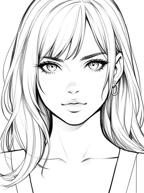 Easy To Draw Face, Girl With Bangs Drawing, Woman Reference Face, Front Face Reference Drawing, Front Face Drawing, Manwha Style, Female Face Sketch, Person Watercolor, Body Proportion Drawing