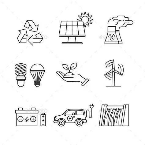 Electricity Art Drawings, Solar Energy Drawing, Renewable Energy Design, Electricity Art, Energy Drawing, Line Art Icons, Ecology Art, Creative Mind Map, Black Symbols