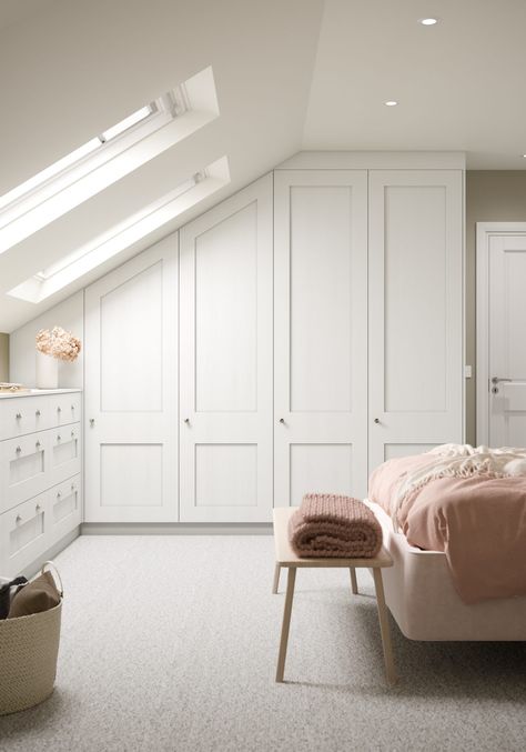 Stanhope Range | Made To Measure Wardrobes | Enquire Today Wardrobes In Attic Rooms, Attic Room Ideas Slanted Walls Bedroom, Decorate A Slanted Wall, Slanted Wall Bedroom, Bedroom Sloped Ceiling, Angled Bedroom, Dormer Bedroom, Loft Conversion Bedroom, Attic Bedroom Storage