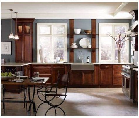 Kitchen Paint Colors With Cherry, Cherry Wood Kitchen, Cherry Wood Kitchen Cabinets, Cherry Wood Kitchens, Dark Wood Kitchen Cabinets, Cherry Wood Cabinets, Cherry Wood Floors, Trendy Kitchen Colors, Dark Wood Kitchens