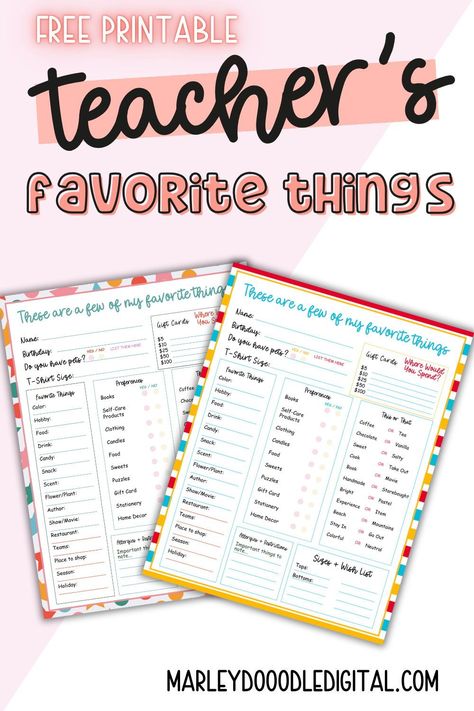 Simplify your gift shopping with our free teacher favorite things list! This printable questionnaire is perfect for daycare and school teachers, helping you find out their favorite items. Available in two lovely designs, it’s a great tool for Christmas gifts or teacher appreciation. Download now and give the perfect gift every time! Teacher Favorite Things Printable, Teacher Questionnaire For Gifts, All About My Teacher Free Printable, Teachers Favorite Things Printable Free, Teacher Questionnaire Free Printable, Pto Secretary, Teacher Favorites Printable, Free School Printables, Teacher Questionnaire