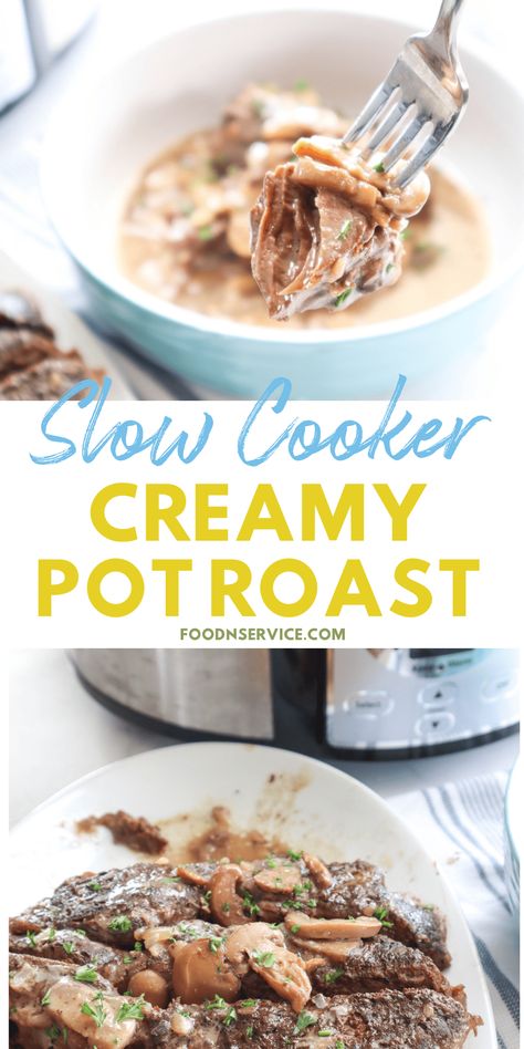 There’s nothing better than coming home at the end of the day to a warm, comforting meal that’s ready to eat. This slow cooker creamy mushroom pot roast is incredibly tender, flavorful, and simple! I love that it comes together in a slow cooker so I can put my ingredients in that morning, go about my day, and come home to a fantastic meal with minimal cleanup. Slow Cooker Roast With Gravy, Beef Roast Cream Of Mushroom Crock Pot, Creamy Pot Roast Slow Cooker, Roast With Cream Of Mushroom Soup, Cream Of Mushroom Roast, Blade Roast Slow Cooker, Mushroom Pot Roast, Roast Beef Crock Pot Recipes, Beef Roast Crock Pot