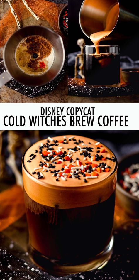 French vanilla cold brew coffee topped with orange-tinted pumpkin spiced cold foam and garnished with Halloween sprinkles, just like the version from Disney World! via @frshaprilflours Fall Cold Brew Recipes, Diy Pumpkin Cream Cold Brew, Summer Iced Coffee Recipes, Fall Inspired Coffee Drinks, Hot Fall Coffee Drinks, Halloween Coffee Shop Drinks, Unique Fall Coffee Drinks, Autumn Coffee Drinks, Fall Cold Brew Coffee Recipes