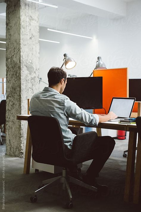 Man sitting at his desk and working on a laptop by Branislav Jovanović Unique Office Decor, Office Men, Corporate Portrait, Man Office, Man Sitting, Person Sitting, Business Photos, Branding Photoshoot, Inverness