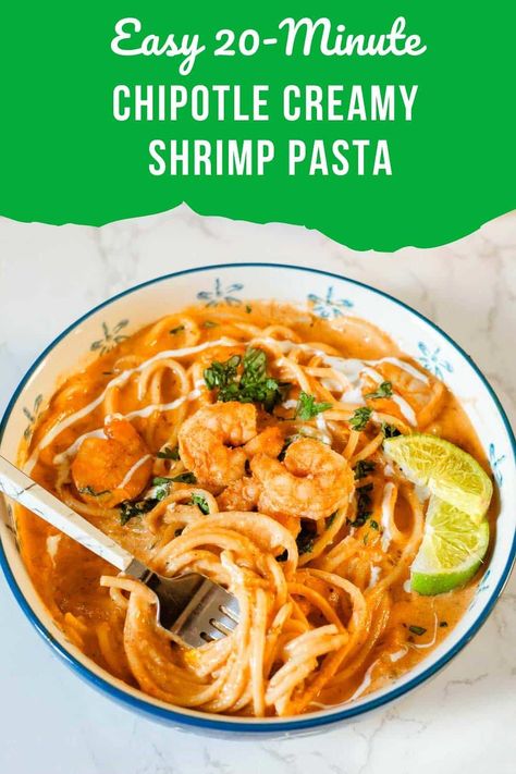 This Creamy Shrimp Pasta recipe is hearty and delicious, with a smoky, spicy sauce that is simply divine! Oh, and it only takes 30 minutes to prepare! Creamy Chipotle Shrimp Pasta, Pasta Garnish Ideas, Chipotle Shrimp Pasta, Creamy Chipotle Shrimp, Best Italian Pasta Recipes, Assyrian Recipes, Shrimp Pasta Recipe, Chipotle Recipes, Chipotle Shrimp