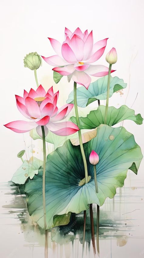 Premium Photo | Lotus flowers with leaves that look like lotus flowers Lotus Leaves Painting, Lotus Graphic Design, Cafe Renovation, Flowers With Leaves, Lotus Flower Art, India Painting, Lotus Painting, Indian Designs, Artwork Inspiration