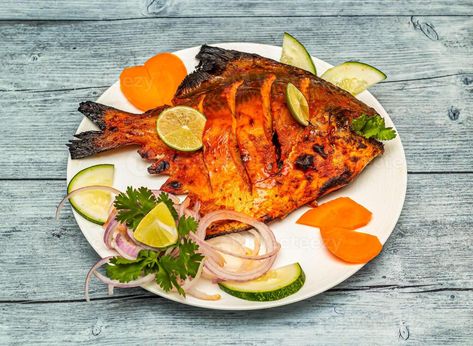 Pomfret Fish, Table Top View, Bull Tattoos, Fish Fry, Wooden Table Top, Spicy Food, Cityscape Photos, Fried Fish, Wooden Table