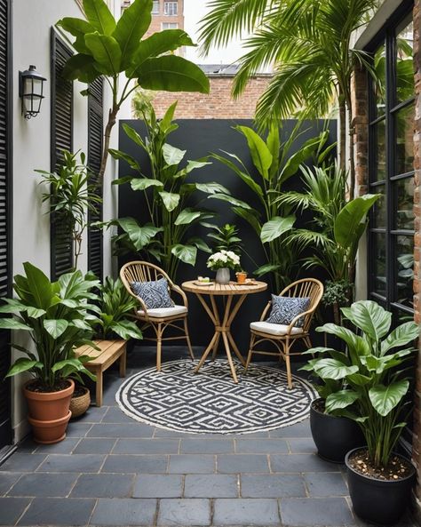 20 Perfect Tiny Patio Ideas For Townhouses – ToolzView Small Tropical Courtyard, Small Tropical Backyard, Tropical Courtyard Garden, Tropical Lanai, Tiny Patio Ideas, Patio Wall Planters, Lanai Decor, Florida Patio, Patio Cozy