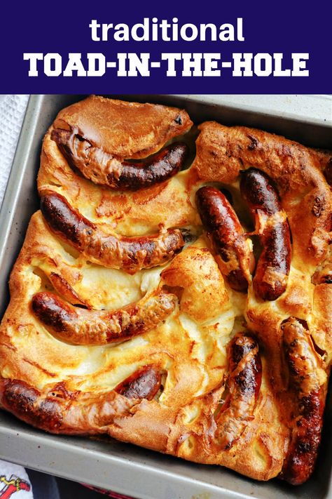 British Toad In The Hole, Toads In A Hole Recipe, Road In The Hole Recipe, British Crockpot Recipes, British Casserole Recipes, Toad In The Hole Recipe Jamie Oliver, English Recipes British Traditional, Large Yorkshire Pudding Recipe Easy, Healthy British Recipes