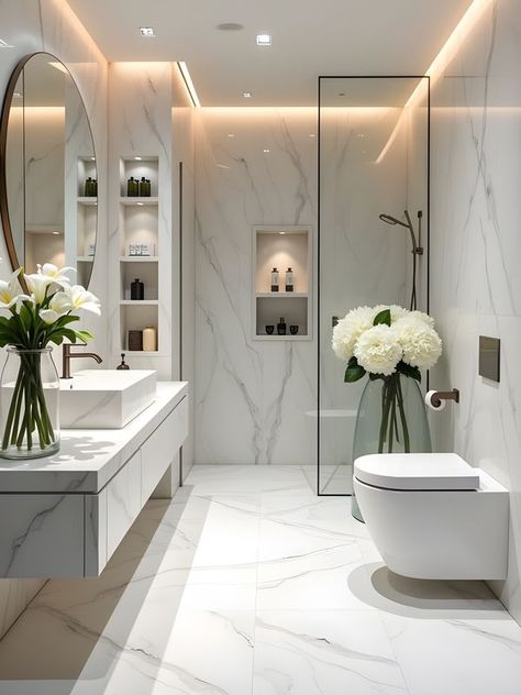 White Marble Modern Bathroom, Bathroom Ideas Big Tiles, White And Silver Bathroom Ideas, On Suite Bathroom Ideas, White Master Bathrooms, All Marble Bathroom, Recessed Bathroom Cabinet, Modern Bathroom Ideas Luxury, Bathrooms Luxury Modern