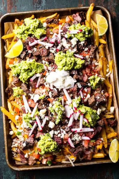 Carne Asada Fries | So Much Food Carne Asada Fries Recipe, Grilled Carne Asada, Authentic Carne Asada Recipe, Loaded Fries Recipe, Carne Asada Fries, Weeknight Dinner Recipes, So Much Food, Crispy Fries, Loaded Fries