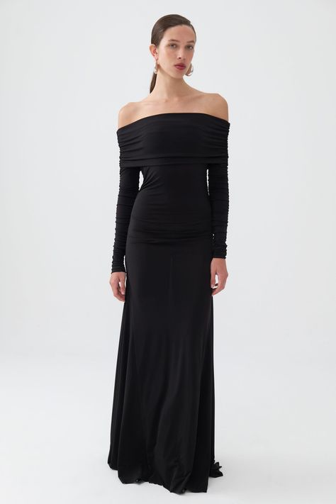 Nocturne Off-The-Shoulder Maxi Dress | Nordstrom Off The Shoulder Dress Wedding Guest, Long Sleeve Long Dress Formal, Black Bridesmaid Dresses Long Sleeve, Church Wedding Guest Dress, November Wedding Guest Dress, Long Sleeve Wedding Guest Dress, Winter Wedding Dress Guest, Movie Core, Long Sleeve Formal Dress