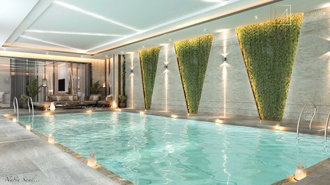 Swimming Pool Feature Wall, Swimming Pool Wall Design, Swimming Pool House Design, Pool Wall Design, Swimming Pool Interior Design, Pool Instagram Pictures, Pool Shade Ideas, Swimming Pool Interior, Small Indoor Pool