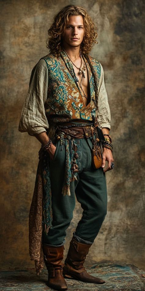 Fairy Core Mens Fashion, Traditional Irish Clothing Men, Maximalist Men Outfit, Fae Clothes Male, Male Bohemian Fashion, Folk Fashion Men, Desert Aesthetic Fashion Men, Modern Medieval Fashion Men, Greek Male Clothing