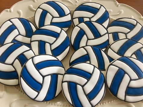 Volleyball cookies, blue & white Volleyball Iced Cookies, Volleyball Macarons, Volleyball Dessert Ideas, Volleyball Royal Icing Cookies, Volleyball Decorated Cookies, Volleyball Party Food, Volleyball Sugar Cookies Decorated, Volleyball Cookies Royal Icing, Volleyball Cupcakes Ideas