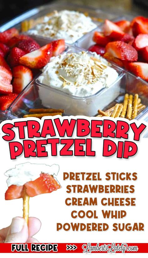 This easy recipe for Strawberry Pretzel Dip is similar to the popular salad recipe, just in dip form! Cream cheese is mixed with sugar to make a simple, fluffy dessert that's great for parties. Pretzel Salad Dip, Salad Dip Recipe, Christmas No Bake Treats, Salad Dip, Indulgent Recipes, Quick And Easy Sweet Treats, Instant Pot Freezer Meals, Sweet Appetizer, Strawberry Pretzel Salad