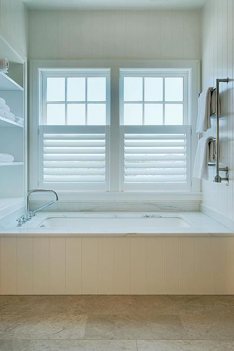 Drop In Tub Ideas, Navy Blue Backsplash, Bathtub Tile Surround, Shiplap Trim, White Herringbone Tile, Acrylic Vanity, Built In Bathtub, Marble Tub, Built In Bath