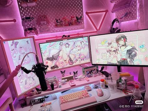 Black And Pink Gamer Setup, Dual Setup, Coral Room, Aesthetic Gaming, Games Room Inspiration, Gamer Bedroom, Game Setup, Best Gaming Setup, Neon Bedroom