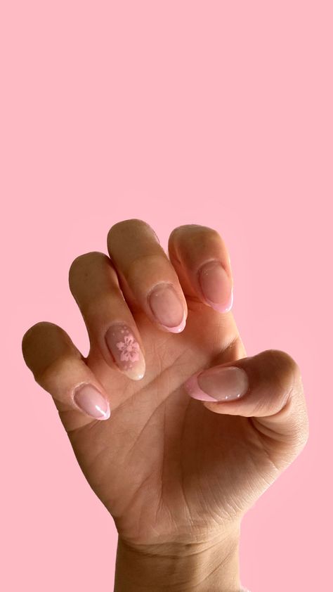 French Tip Nails With Flower On Ring Finger, White French Tips With Flowers On Ring Finger, Nails With Flower On Ring Finger, French Tip With Flower On Ring Finger, Nails Ring Finger Different, White French Tip With Hibiscus Flower, French Nails With Design On Ring Finger, French Tips With Design On Ring Finger, Pink French Tip With Flowers