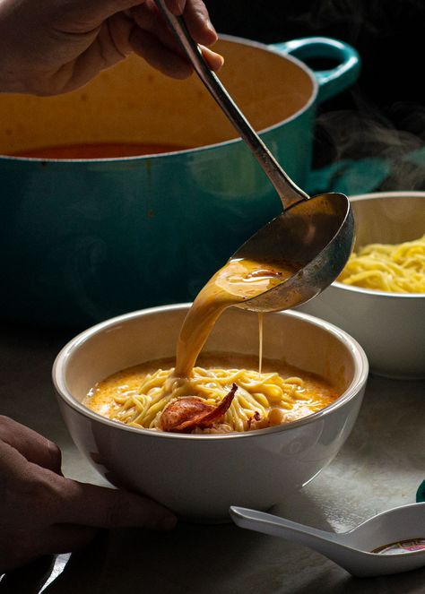 Lobster Curry Noodle Soup with Crisp Beansprouts - Rhubarb and Cod Hong Kong Food Photography, Aesthetic Soup Photo, Soup Food Photography, Lobster Curry, Farmers Kitchen, Red Curry Soup, Soup Photography, Coconut Red Curry, Soup Design