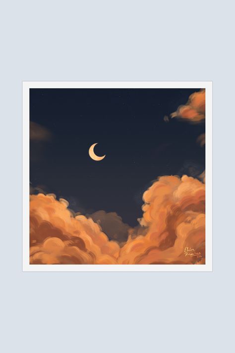 Aesthetic and dreamy decorative stickers. A soft artwork of peach crescent and orangy clouds on a dark indigo sky. Painted and sold by Elvira Dreaminess on Redbubble 🌙 Decorate and personalize your laptops, phone cases, sketchbooks, journals, and more! Stickers come in different sizes and finish (transparent, glossy, and matte). Sky Stickers, 2024 Stickers, Orange Sheets, Dark Blue Sky, Bujo Stickers, Puffy Clouds, Journaling Stickers, Favorite Wallpaper, Orange Moon