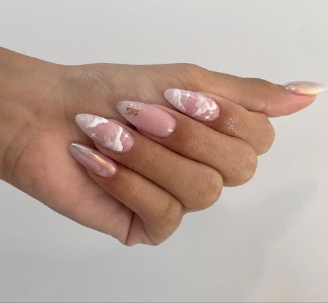 Almond Nails Designs Clouds, Almond Nails Clouds, Nail Designs With Letters Ideas, On Cloud 9 Nails, Almond Cloud Nails, Cloud Nail Art Designs, Gender Reveal Nails Almond, Cloud 9 Nails, Neutral Gender Reveal Nails