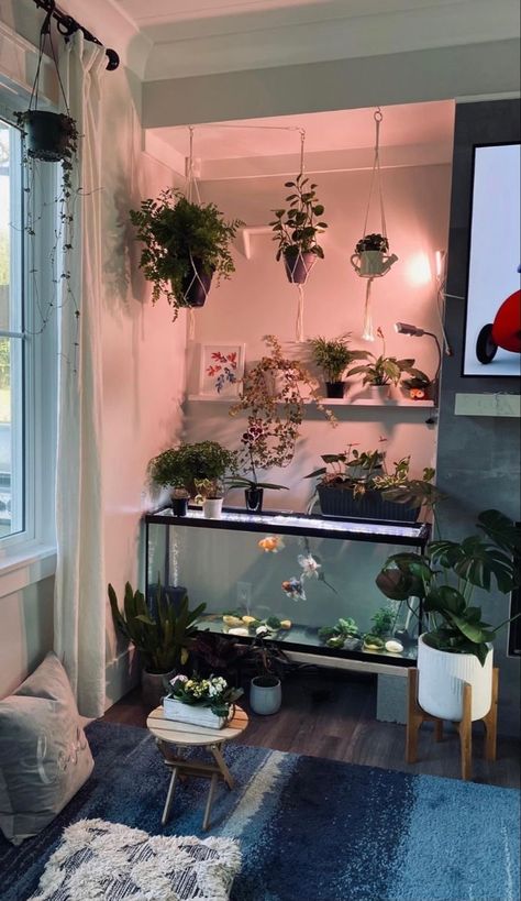 bedroom decor aesthetic plants books boho college green brown Terrarium In Bedroom, Fish Tank Behind Couch, Dream Fish Tank, Fishtank Room Ideas, Fish Tank Entryway, Fish Tank Apartment, Fish Tank Display Ideas, Fish Tank In Bedroom Ideas, Aquarium Living Room Ideas