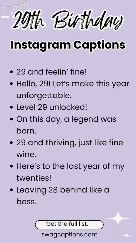 Ignite the sparkle of your 29th birthday bash with our handpicked 29th Birthday Instagram Captions! Your Instagram feed deserves a touch of magic. Find your perfect caption today! Birthday Outfit Captions Instagram, 29th Birthday Captions Instagram, 28 Birthday Captions, 29 Birthday Captions Instagram, 29 Birthday Captions, 29th Birthday Outfit, 25th Bday Captions, Caption For 27th Birthday, 25th Birthday Quotes For Instagram