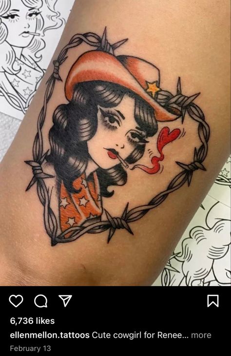 Traditional Thigh Tattoo, Cowgirl Tattoo, Tattoos Dotwork, Traditional Tattoo Woman, Tattoos Japanese, Traditional Tattoo Flash Art, Cowgirl Tattoos, Traditional Tattoo Inspiration, Cute Cowgirl