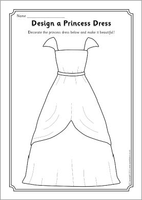 Design a princess dress worksheet (SB10670) - SparkleBox                                                                                                                                                                                 More Princess And Pirates Preschool, Preschool Princess Activities, Knights And Princesses Preschool Theme, Pirates And Princesses, Dress Template, Frozen Design, Design A Dress, Princess Party Games, Fairy Tales Preschool